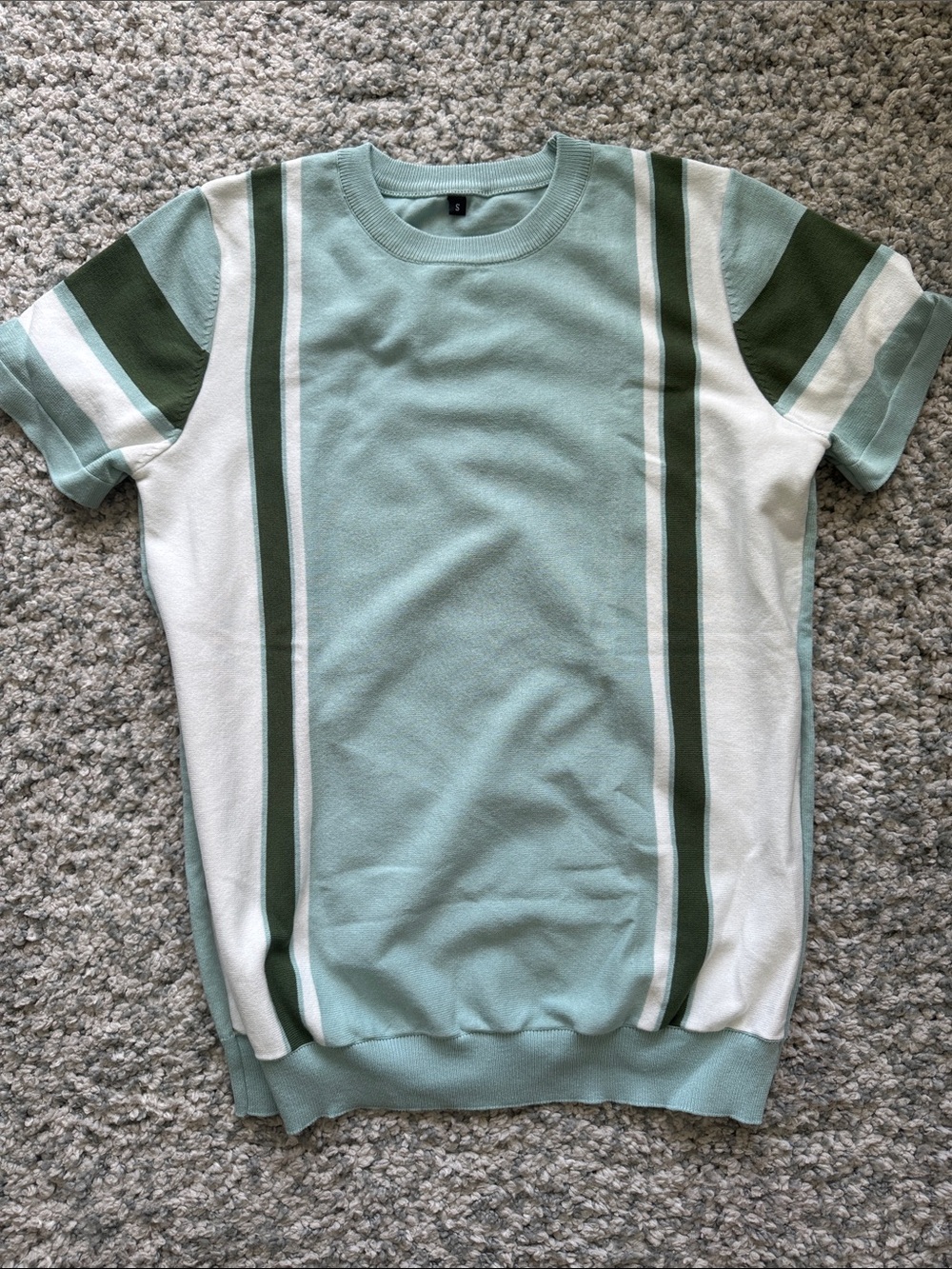 Men's Short Sleeve Stripe Knit Tee in Light Aqua and Olive - Unbranded